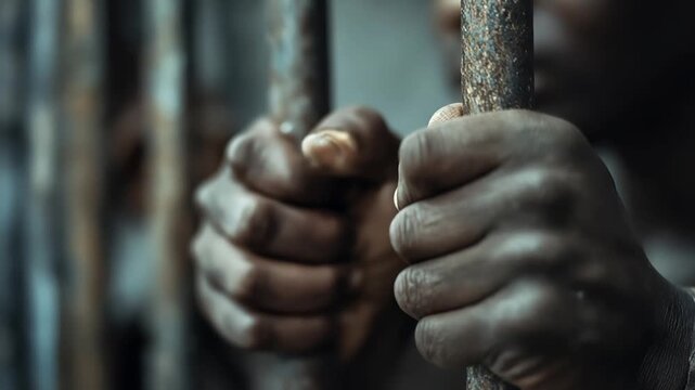 Male hands tightly gripping the cold, rusty steel bars of a jail cell. The focus shifts between the two hands, highlighting the texture and tension in the knuckles.