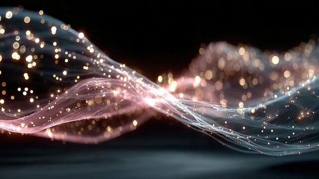 Abstract Luminescence: A vibrant, undulating flow of light particles, exuding a sense of dynamism and sophistication. Featuring a blend of golden and purple hues against a dark backdrop.