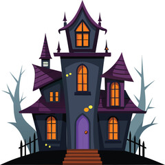 Cartoon illustration of a whimsical, scary haunted house, decorated for Halloween