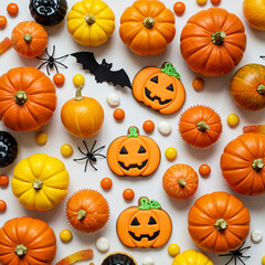 Autumn holiday flat lay with small pumpkins, candies, and iced cookies arranged on the left side of a white background.