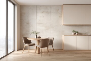 Bright minimalist kitchen with wooden round dining table, modern chairs, and natural light, ideal for interior design showcases, home decor visuals, and lifestyle marketing
