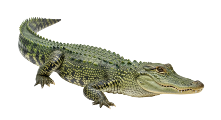 Isolated American alligator resting calmly, a formidable reptile, scales and textured skin