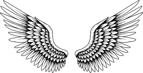 Detailed angel wings tattoo design, black and white feather illustration symbolizing freedom, spirituality, protection, guardian angel, hope and faith