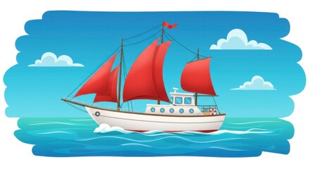 Fototapeta premium Illustration of a sailboat with red sails navigating ocean waters beneath a blue sky and clouds
