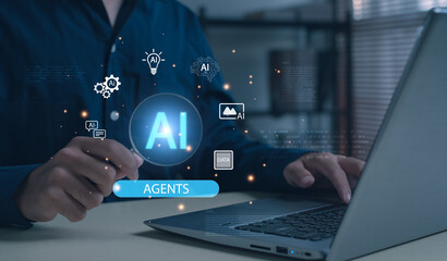 Man using laptop with AI agents and futuristic data icons. Artificial intelligence, automation, and digital transformation concept for analytics, business solutions, and modern technology.
