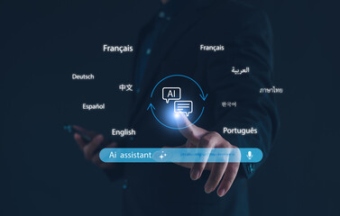 AI assistant with multilingual translation and voice technology, symbolizing global communication, digital innovation, and smart solutions for business, education, and international connection.