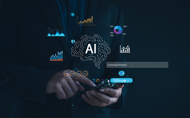 Artificial intelligence digital interface with business analytics, futuristic graphs, and data visualization on mobile technology for innovation, growth, and corporate strategy.