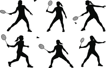 Badminton player silhouette, women playing badminton, shuttlecock action poses, racket sports training, athletic competition, fitness exercise, outdoor recreation, game activity illustration