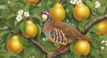 Partridge perched gracefully on a pear tree branch surrounded by ripe pears and blossoms