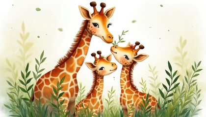 Fototapeta premium Watercolor art shows giraffe mother with two young calves in rich green grass. Sweet animal family gentle interaction, tender care theme. Peaceful wildlife scene.