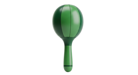 Isolated green maraca percussion instrument. Wooden musical shaker with round head