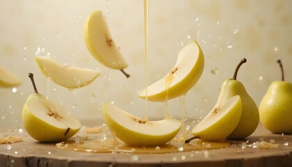 Sliced pears and whole fruit being drizzled with golden liquid, creating splashes and patterns
