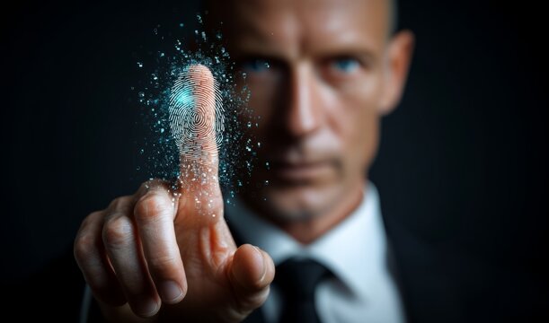 Futuristic biometric technology concept with fingerprint hologram of businessman in high dynamic contrast