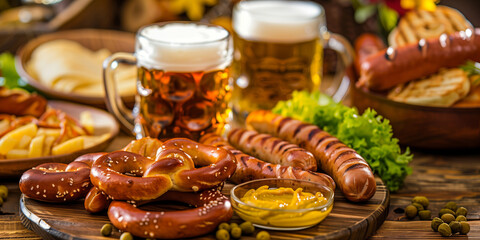 Oktoberfest food with beer pretzel and sausages