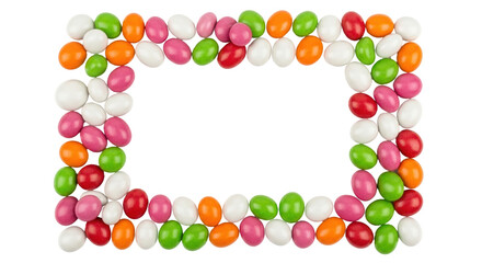 Isolated frame of sugared almonds, colorful candy coated almonds, almond dragee, festive sweets