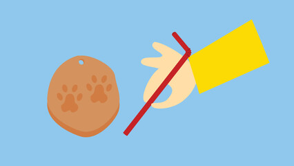 Human hand holding a stick with food. Vector illustration in flat style