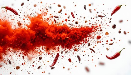 A dynamic shot of red chili powder erupting with chilis and seeds scattered in mid-air against white