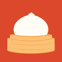 Obraz premium Dim sum, traditional Chinese dumplings, in bamboo steamer basket. Asian food vector illustration. Baozi or bao is Chinese food.