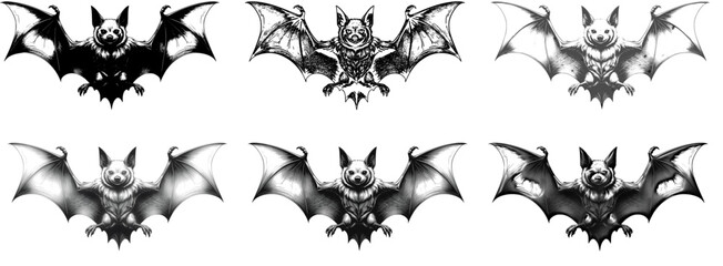 Set of bat illustrations in gothic black and white style with multiple variations. Perfect for use in tattoo design, gothic artwork, Halloween decorations, rock and metal band posters