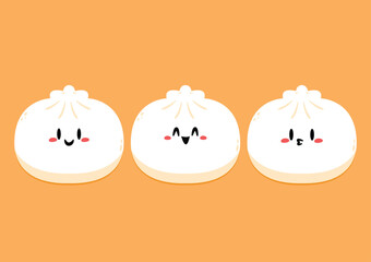 Cute Dim sum character, traditional Chinese dumplings, with funny smiling faces. Kawaii Asian food vector.
