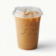iced almond latte in plastic cup, isolated on white background