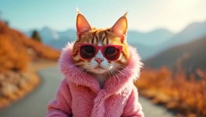 Stylish orange tabby cat wearing pink fur coat and red sunglasses. Cat stands on a mountain road. Mountains and orange bushes in the background. Fashionable animal portrait. Funny cat outdoors.