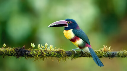 Obraz premium Colourful toucan and other vibrant birds in nature on a tree branch