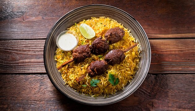 chelo kebab biryani on wooden table