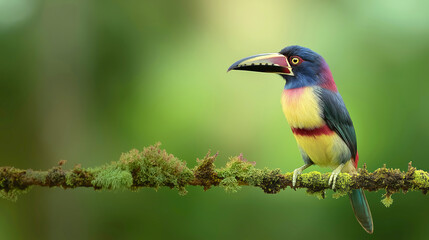 Stunning Fiery-billed Aracari, a vibrant tropical toucan, perched on a mossy branch in a lush rainforest
