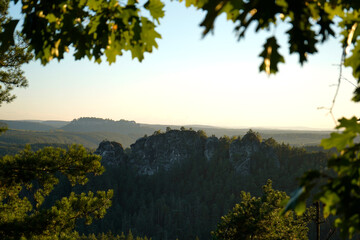 Scenic view of massive rock formations surrounded by dense forest, framed by green leaves in warm sunlight, symbolizing wilderness, timeless nature, and tranquility.