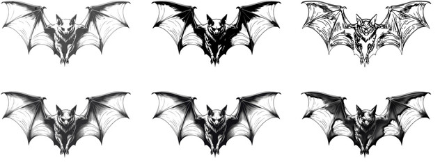 Set of bat illustrations in gothic black and white style with multiple variations. Perfect for use in tattoo design, gothic artwork, Halloween decorations, rock and metal band posters