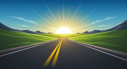 Naklejka premium Scenic road leading to a bright sunrise in a landscape illustration showing endless possibilities