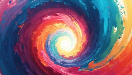 Abstract vibrant spiral paint strokes blend in a colorful vortex. This energetic artistic design features bright hues swirling towards a luminous white center, ideal for backgrounds.