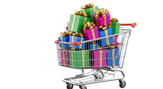 Shopping cart overflowing with colorful presents festive gift surprise for holidays and celebrations