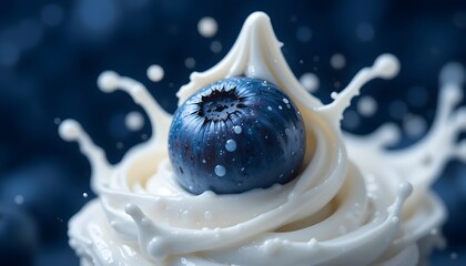 Close-up shows blueberry in splash of creamy white liquid against soft blue background