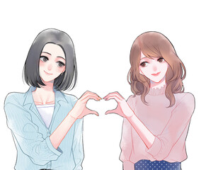 ハートポーズを作る女性同士のカップルイラスト