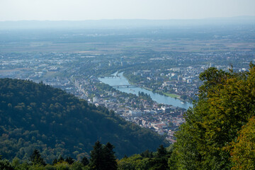 Aerial view of river and city in a valley