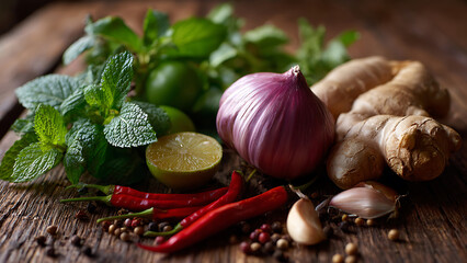 Rustic Culinary Still Life of Vibrant Asian Spices and Herbs on a Dark Wood Table