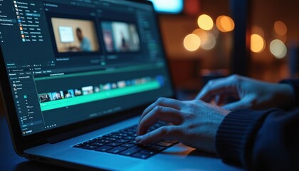 Woman edits video on laptop at night. Female hands type on keyboard with video editing software on screen. Multiple video clips displayed on interface.
