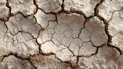 Fototapeta premium Intricate patterns of cracks and fissures traverse the sun-baked earth, showcasing a rough, textured surface in muted beige and brown tones, with a detailed, perspective.