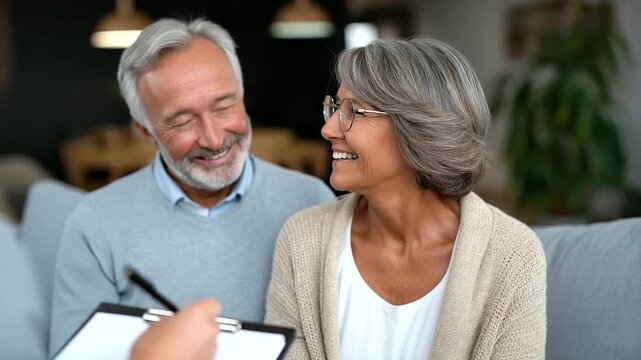 Elderly couple holding hands during a home consultation, concerned expressions, warm living room setting, therapist taking notes in the foreground, natural light and soft tone