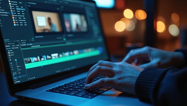 Woman edits video on laptop at night. Female hands type on keyboard with video editing software on screen. Multiple video clips displayed on interface.