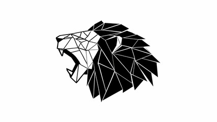 Bold, black and white, low-poly geometric logo design featuring a roaring lion head with sharp, angular facets.