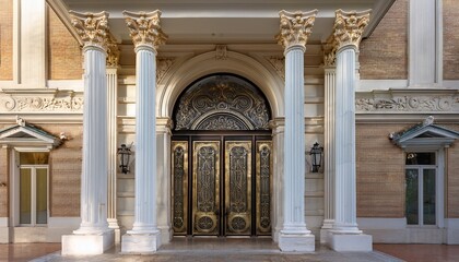 Fototapeta premium a grand entrance with ornate ironwork doors and classical columns creates a sophisticated architectural design showcasing the buildings facade and decorative details