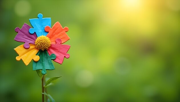 Bright flower with puzzle shaped rainbow petals symbolizing autism spectrum ADHD neurodiversity awareness empowerment mental health inclusion and cognitive diversity