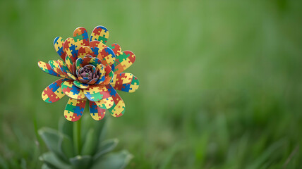 3D flower composed of layered puzzle pieces in rainbow colors symbolizing autism ADHD spectrum neurodiversity therapy support mental health and psychological empowerment