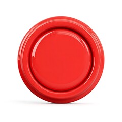 A bright red round plastic lid with a textured rim isolated on white background