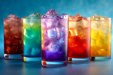 Row of Five Colorful Iced Drinks with Condensation on a Blue Background