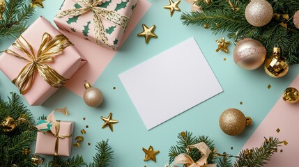 Elegant Christmas Mockup: Blank Card Surrounded by Pink Wrapped Gifts, Gold Ornaments, and Evergreen Branches on Pastel Background