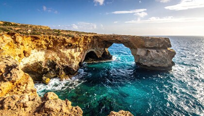 Naklejka premium Golden Cliffs Archway Over Turquoise Sea Water Under Bright Blue Sky Coastline Mediterranean Island Paradise Summer Day